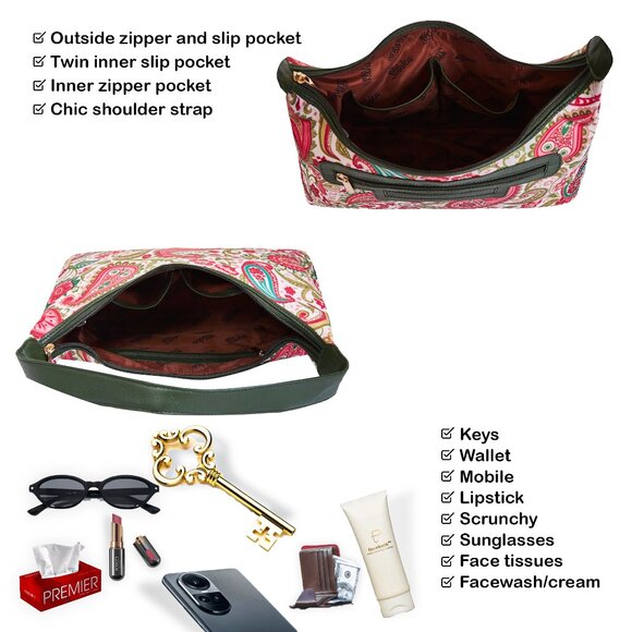 Hand Crafted Fabric Paisley Print Sling Hobo Shoulder Bag, Top Handle Purse - Picture 4 of 8